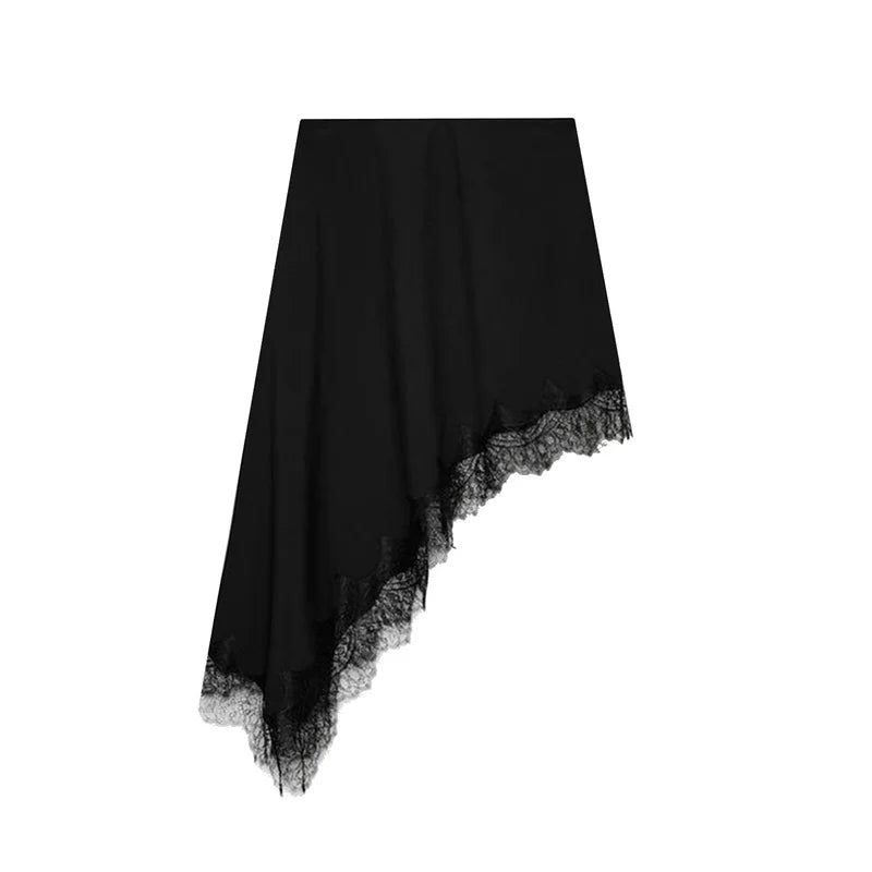 Women’s Skirt 2025 Autumn New Arrival Solid Color Satin Texture Asymmetric Hem Lace Trim Skirt Elegant and Fashionable