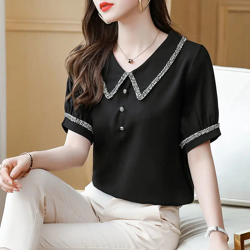 Top for Woman Office Outfits Clothing Black Women's Shirts and Blouses Chiffon Wear To Work Formal Collar Short Sleeve New 2025