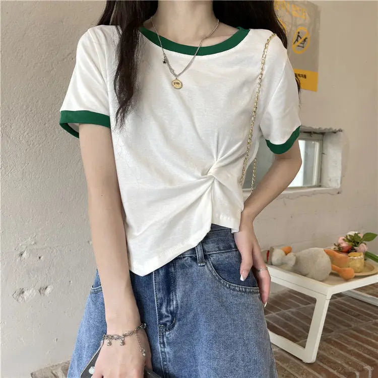 Women's Tops Trendy French Niche Girls T-shirts Chic Irregular Splicing Contrasting Colors Korean Style Modification Ins Style