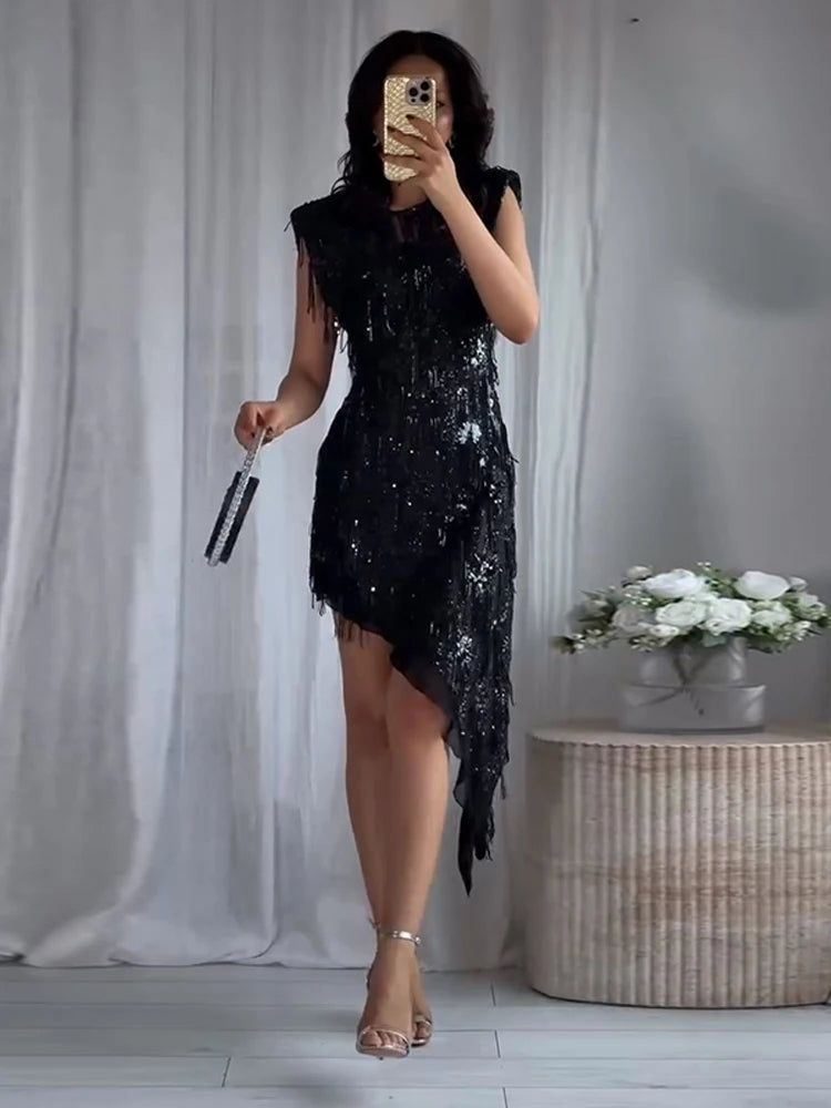 Women's Dresses Female Clothing Evening Dress Sleeveless Sequin Dress Sexy Mini Dresses Fringe Hem Gown Trendy Party Clothes