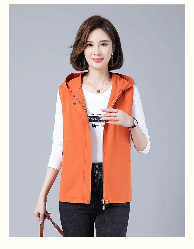 Vest Jacket Women Long Waistcoat Outerwear 2025 New Spring Autumn Middle Aged Loose Sleeveless Hooded Casual Khaki Black Tops
