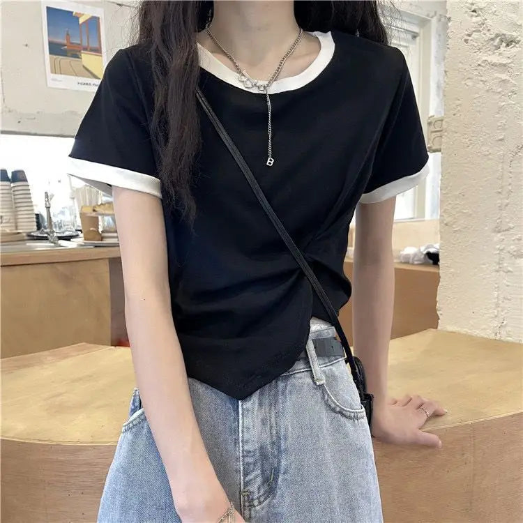 Women's Tops Trendy French Niche Girls T-shirts Chic Irregular Splicing Contrasting Colors Korean Style Modification Ins Style