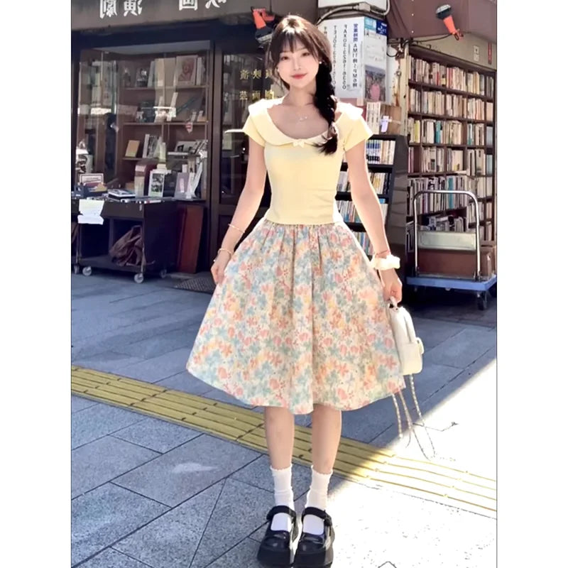 Skirt For Women 2025 Faldas Mujer De Moda Elastic Waist A-line Jupe Vintage Korean Saia Loose Floral Print Sweet Summer Skirts