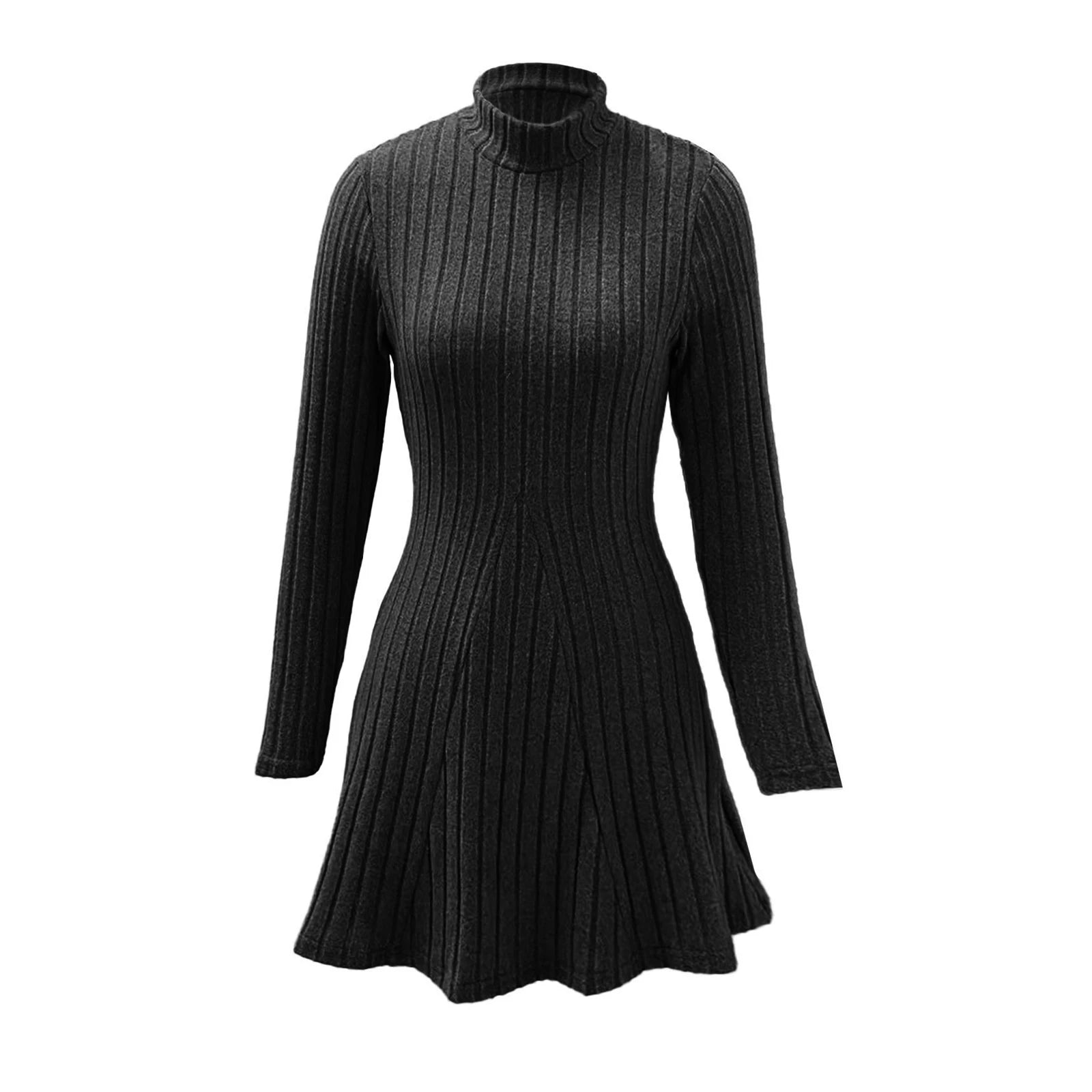 Women's Dresses Fall Winter Simple Solid Color Long Sleeve Mock Neck A Line High Waisted Flare Hem Casual Short Dresses 2025