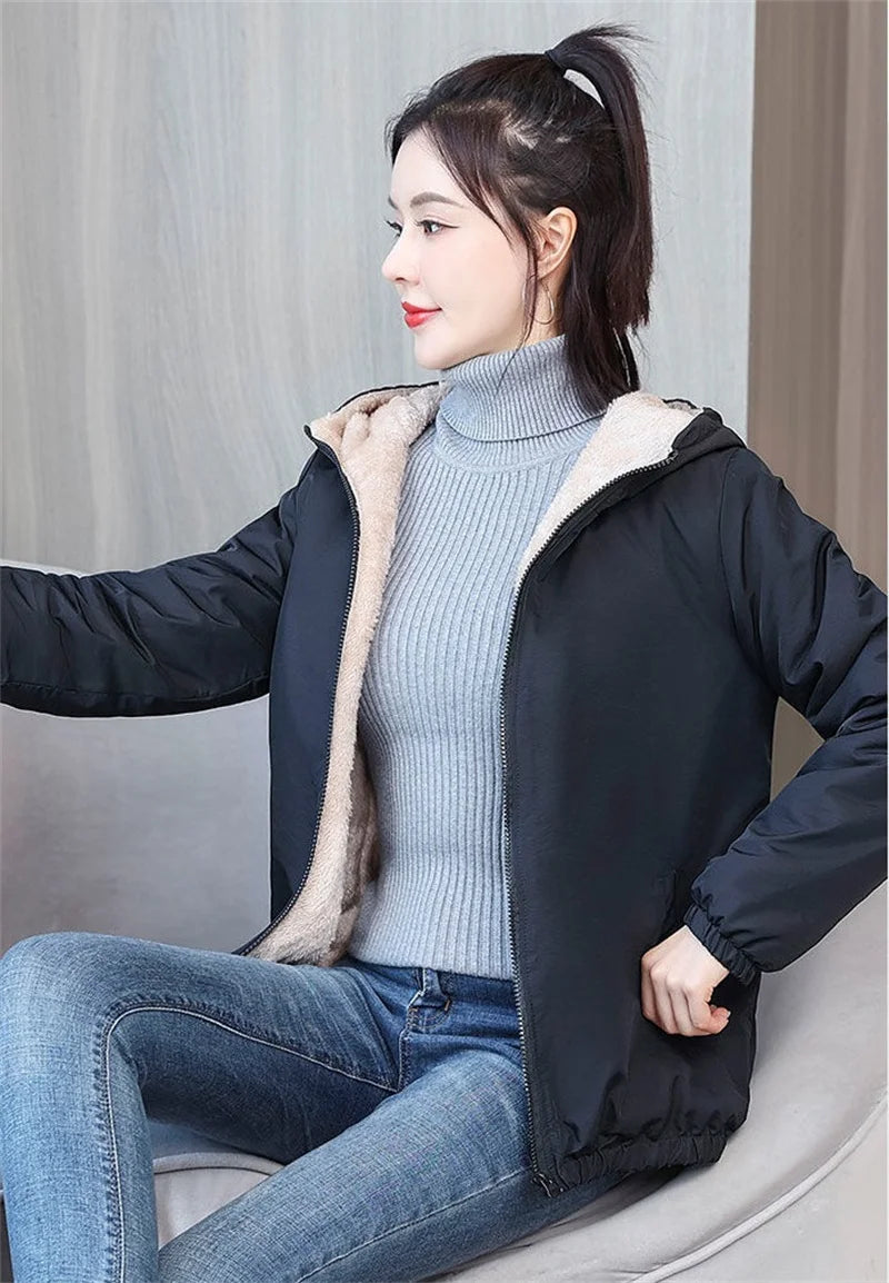 Add Velvet Padded Coat Women 2025 Winter Hooded Outerwear Ladies Warm Cotton-Padded Jacket New Fashion Overcoat Short Female Top