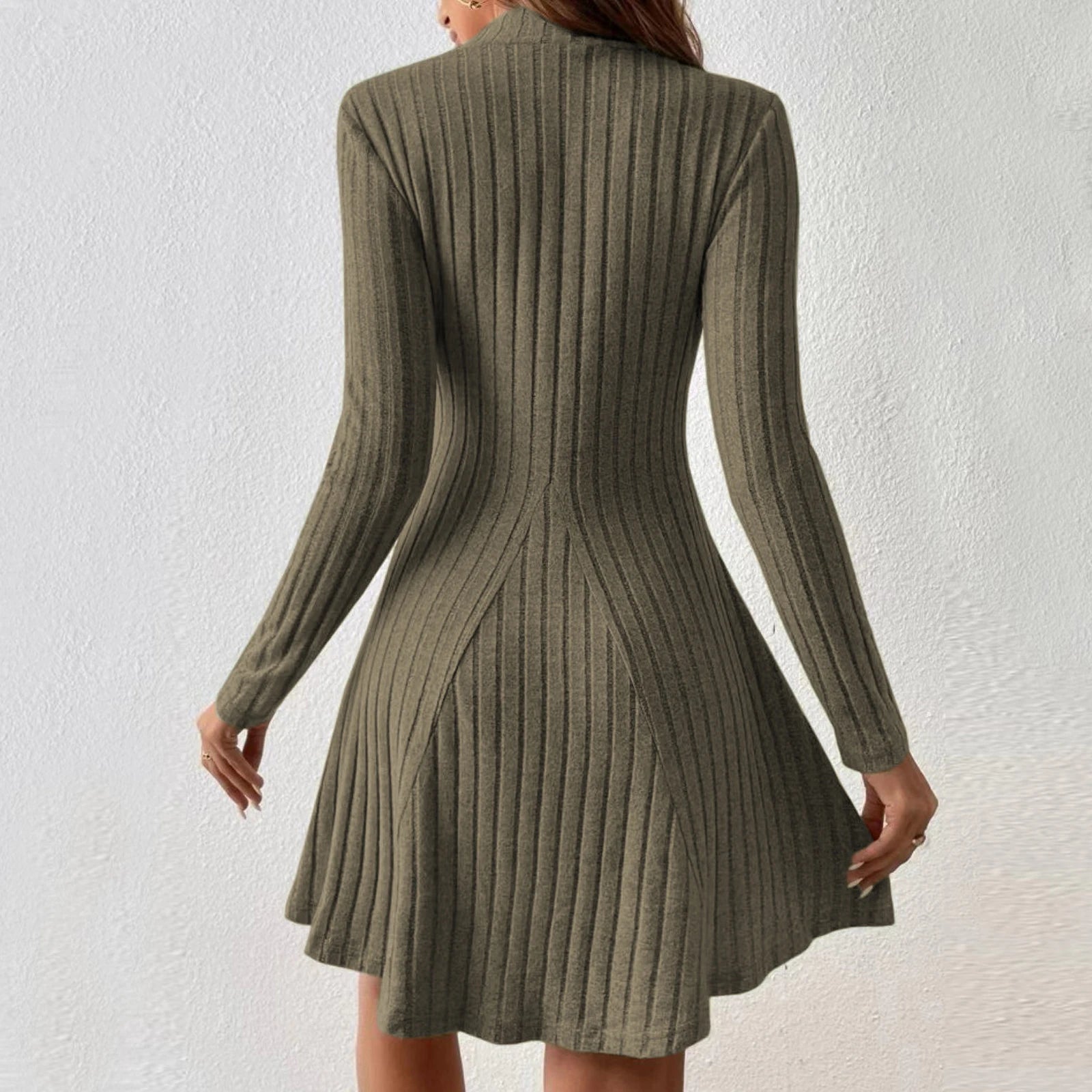 Women's Dresses Fall Winter Simple Solid Color Long Sleeve Mock Neck A Line High Waisted Flare Hem Casual Short Dresses 2025