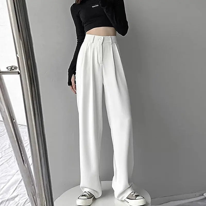 Trousers for Women Summer Women's Suit Pants 2025 White High Waist Fluid Korean Style Wide Leg Palazzo Straight Fashion Casual