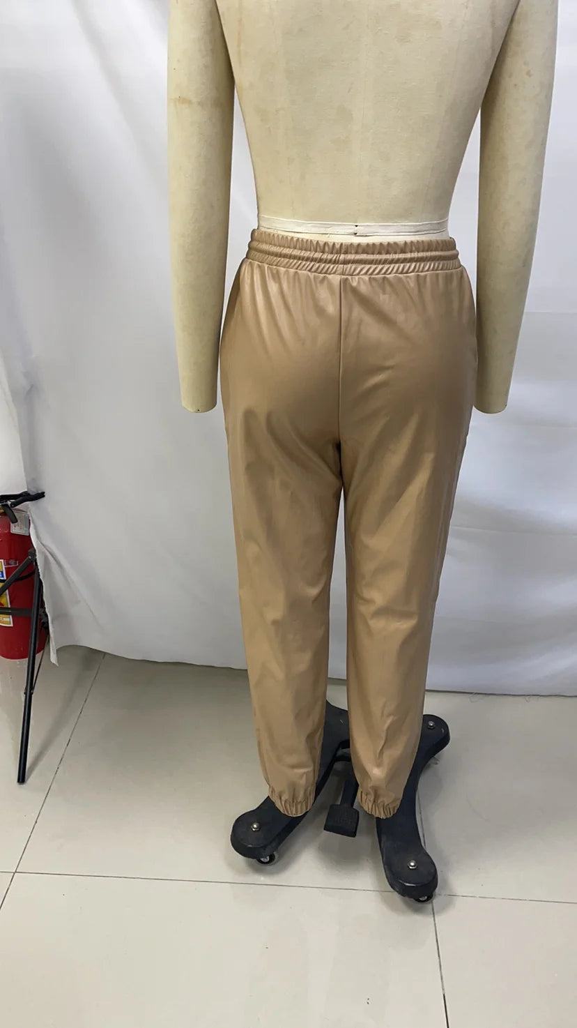 Women's Trousers 2024 Autumn Winter Latest Solid Drawstring Pocket Pu Leather Casual Fashion Bound Foot Leather Pants Long Pants