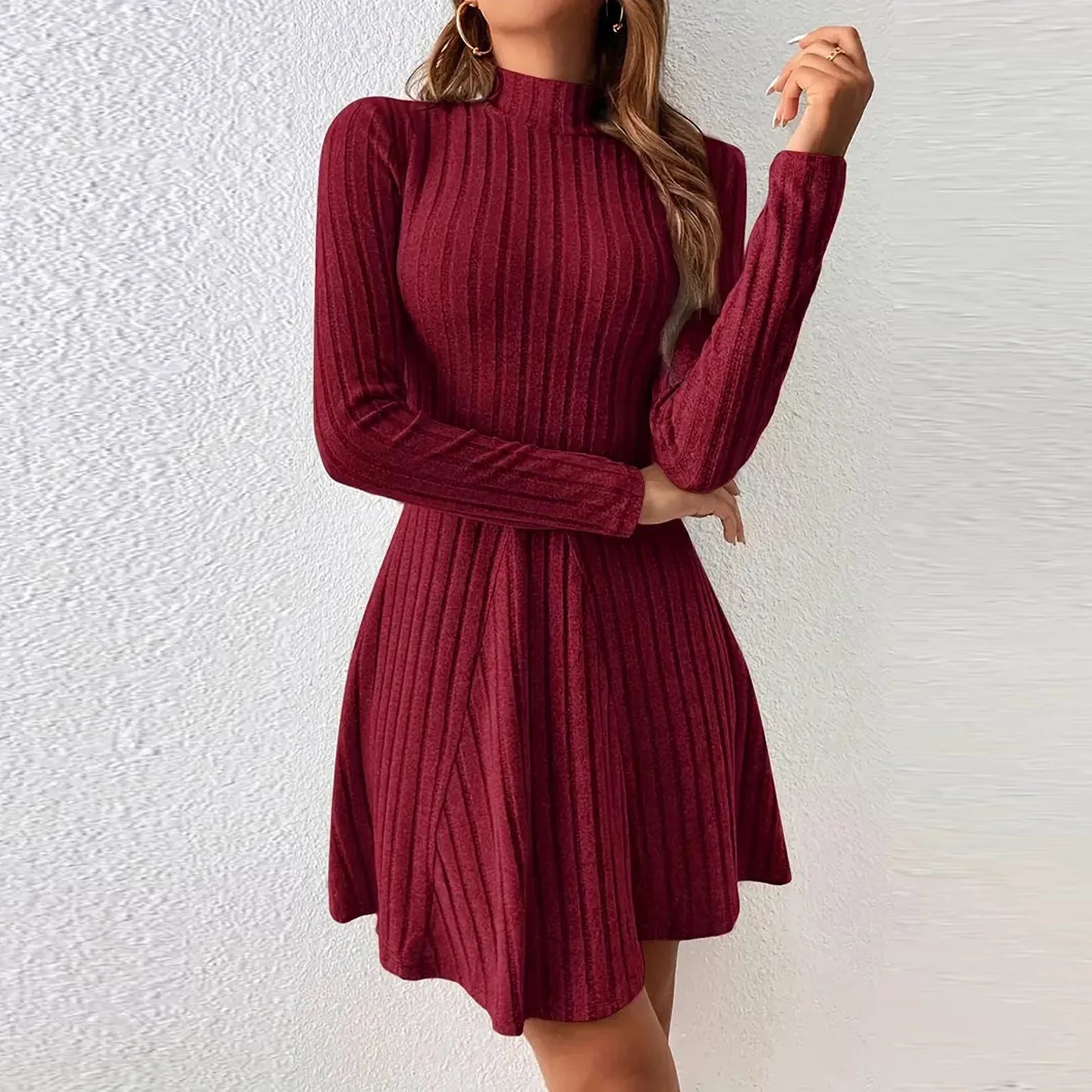 Women's Dresses Fall Winter Simple Solid Color Long Sleeve Mock Neck A Line High Waisted Flare Hem Casual Short Dresses 2025