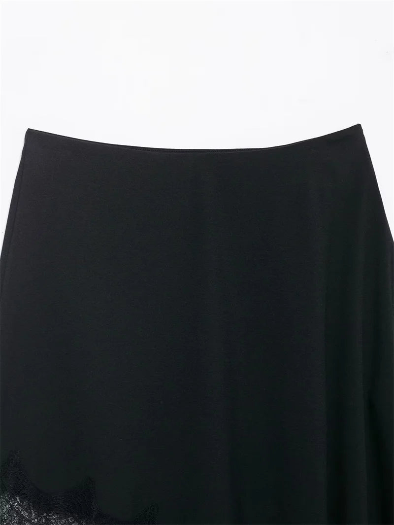 Women’s Skirt 2025 Autumn New Arrival Solid Color Satin Texture Asymmetric Hem Lace Trim Skirt Elegant and Fashionable