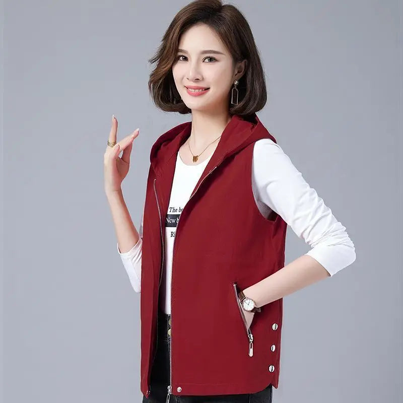 Vest Jacket Women Long Waistcoat Outerwear 2025 New Spring Autumn Middle Aged Loose Sleeveless Hooded Casual Khaki Black Tops