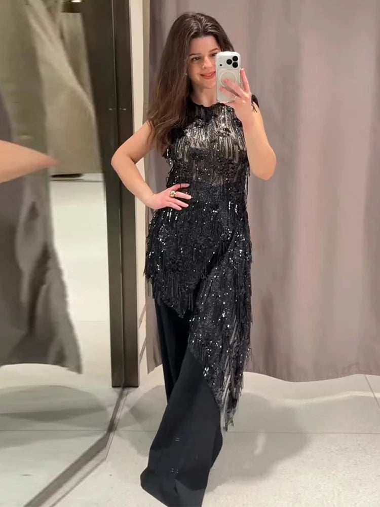 Women's Dresses Female Clothing Evening Dress Sleeveless Sequin Dress Sexy Mini Dresses Fringe Hem Gown Trendy Party Clothes