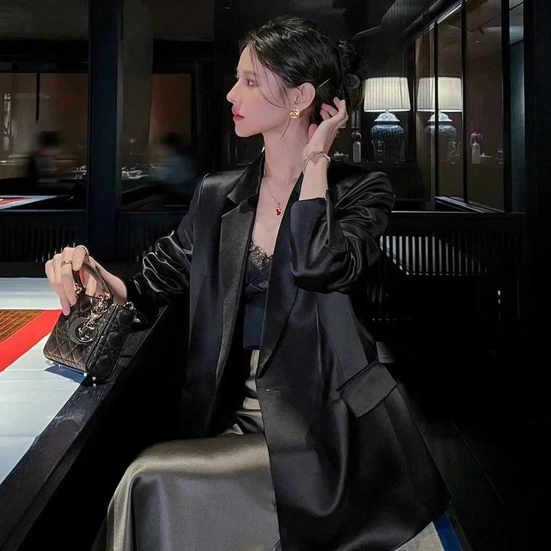 Women Outerwear for Spring and Summer 2025 New Flowing Satin Suit Light Luxury High-end Loose top Temperament Slimming Outerwear