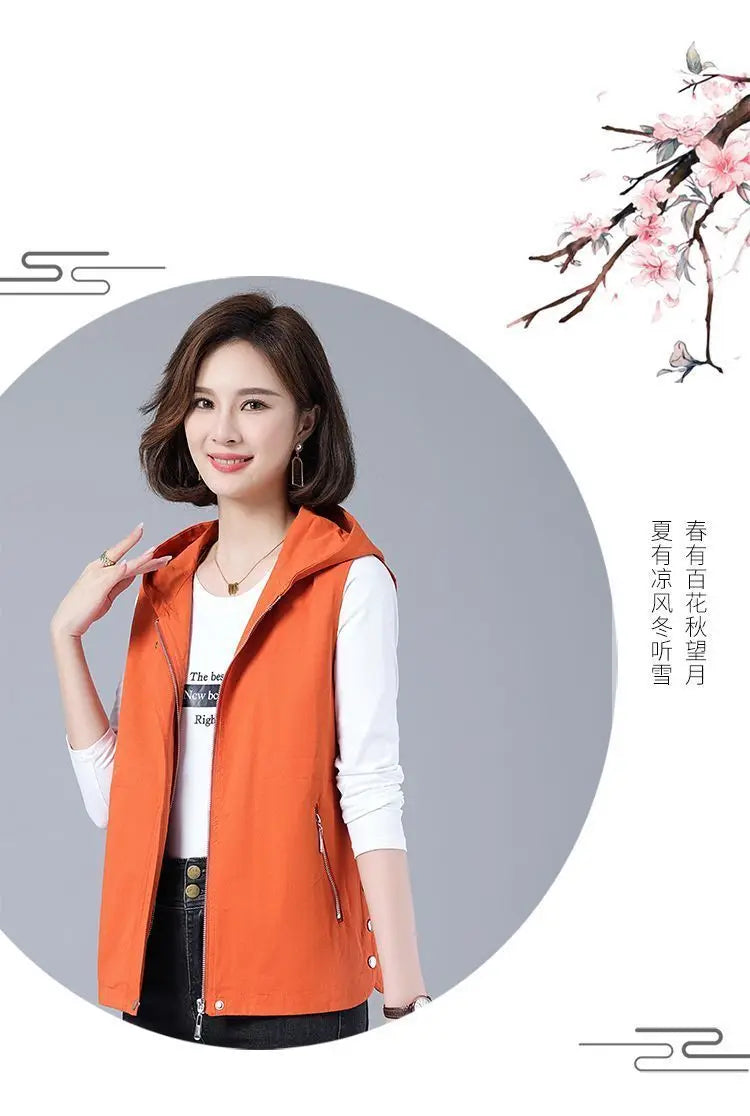 Vest Jacket Women Long Waistcoat Outerwear 2025 New Spring Autumn Middle Aged Loose Sleeveless Hooded Casual Khaki Black Tops