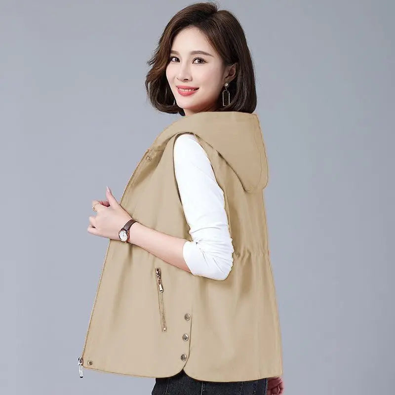 Vest Jacket Women Long Waistcoat Outerwear 2025 New Spring Autumn Middle Aged Loose Sleeveless Hooded Casual Khaki Black Tops