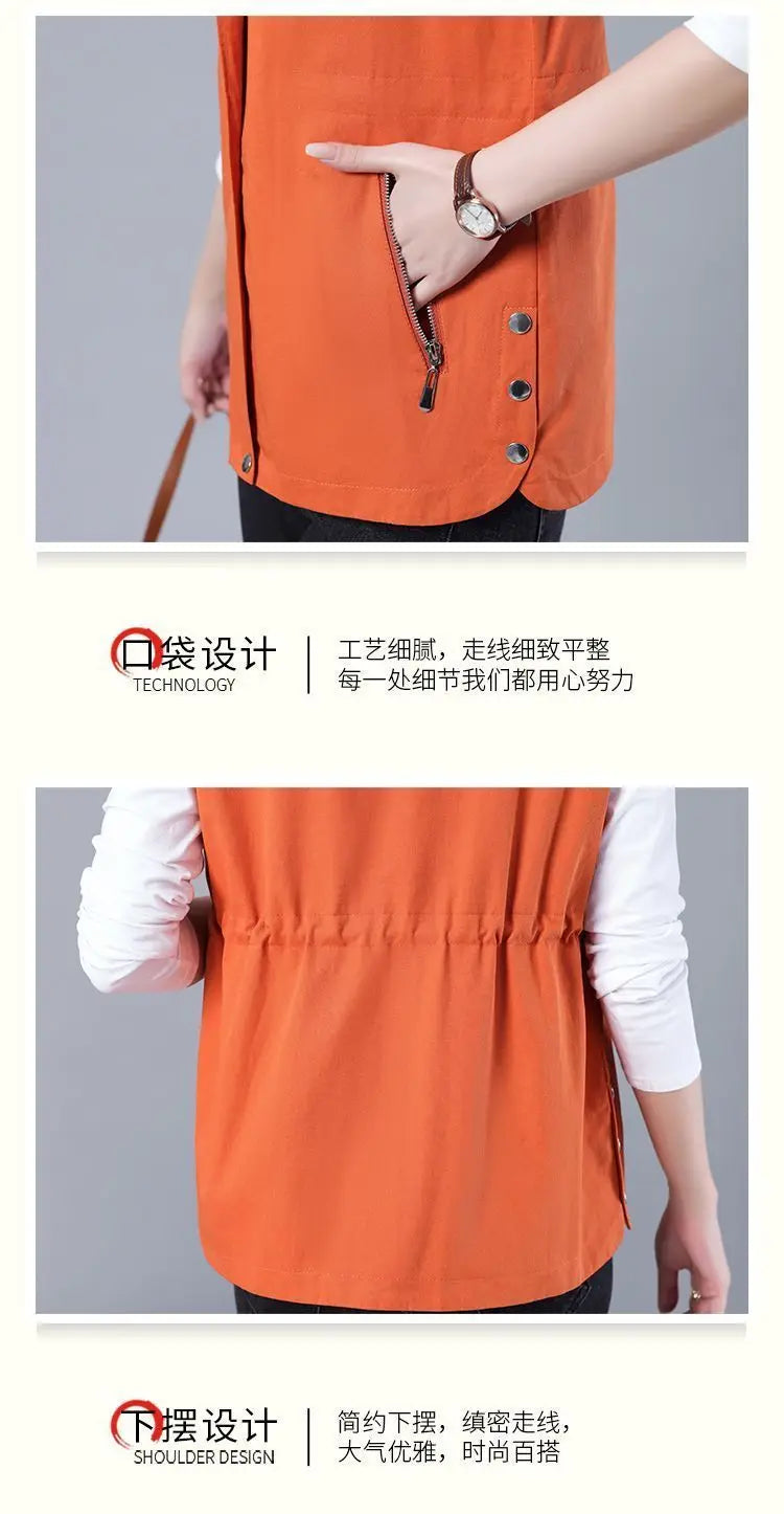 Vest Jacket Women Long Waistcoat Outerwear 2025 New Spring Autumn Middle Aged Loose Sleeveless Hooded Casual Khaki Black Tops