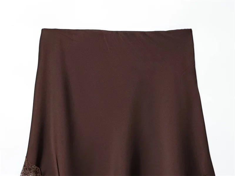 Women’s Skirt 2025 Autumn New Arrival Solid Color Satin Texture Asymmetric Hem Lace Trim Skirt Elegant and Fashionable