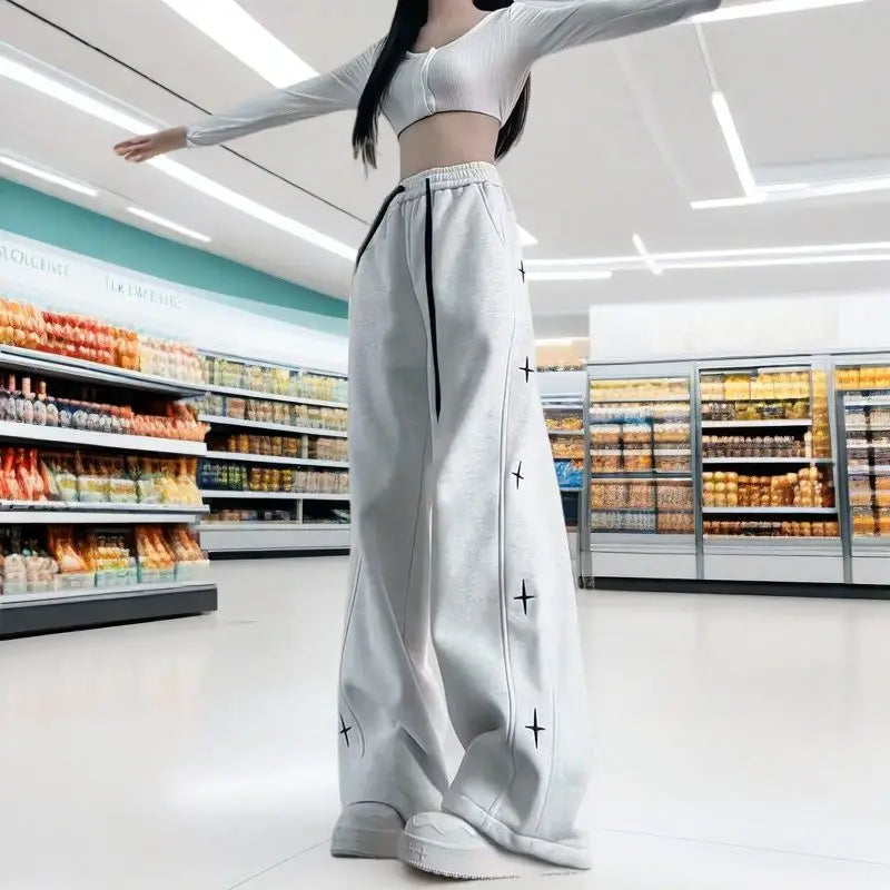 Wide-leg Trousers for Women Spring Summer Loose Thin Style Trendy for Students Petite Casual Sportswear, Straight-leg Pants