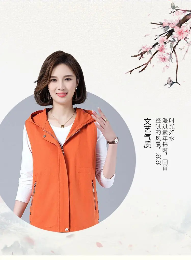 Vest Jacket Women Long Waistcoat Outerwear 2025 New Spring Autumn Middle Aged Loose Sleeveless Hooded Casual Khaki Black Tops