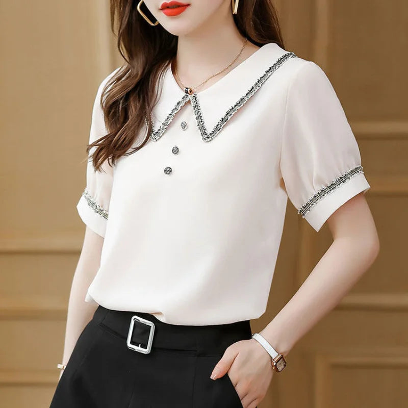 Top for Woman Office Outfits Clothing Black Women's Shirts and Blouses Chiffon Wear To Work Formal Collar Short Sleeve New 2025