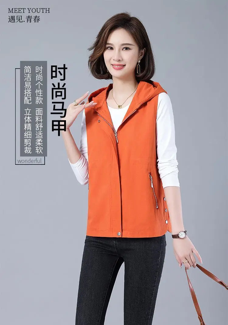 Vest Jacket Women Long Waistcoat Outerwear 2025 New Spring Autumn Middle Aged Loose Sleeveless Hooded Casual Khaki Black Tops