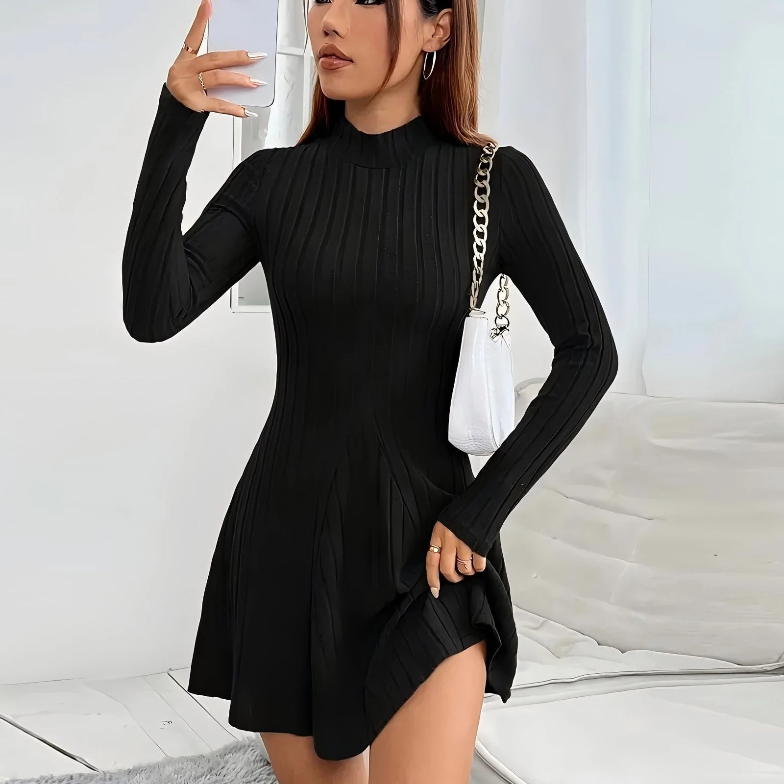Women's Dresses Fall Winter Simple Solid Color Long Sleeve Mock Neck A Line High Waisted Flare Hem Casual Short Dresses 2025