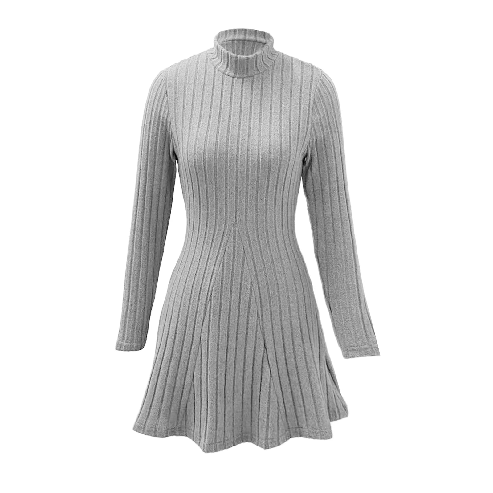 Women's Dresses Fall Winter Simple Solid Color Long Sleeve Mock Neck A Line High Waisted Flare Hem Casual Short Dresses 2025