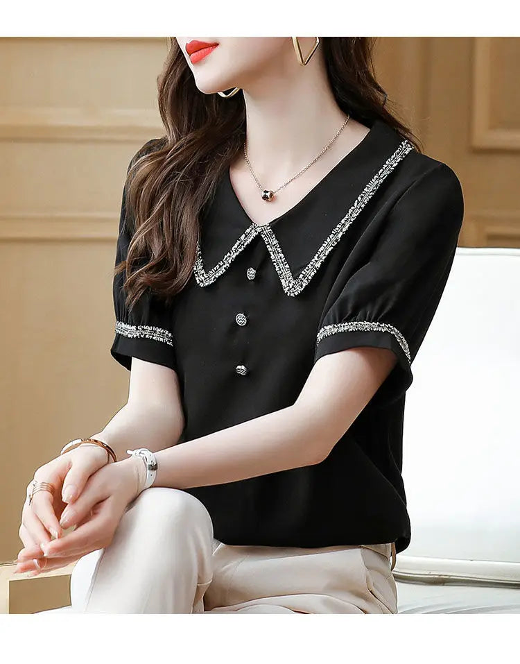 Top for Woman Office Outfits Clothing Black Women's Shirts and Blouses Chiffon Wear To Work Formal Collar Short Sleeve New 2025