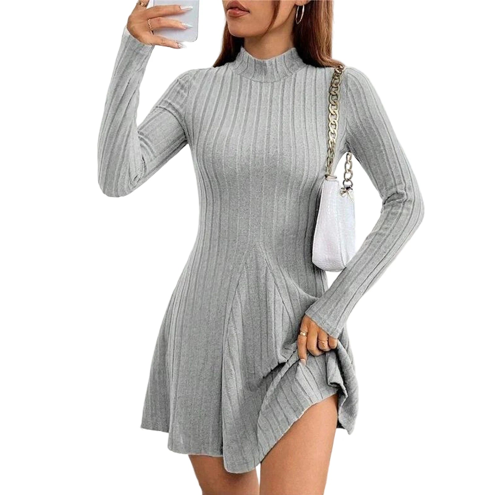 Women's Dresses Fall Winter Simple Solid Color Long Sleeve Mock Neck A Line High Waisted Flare Hem Casual Short Dresses 2025