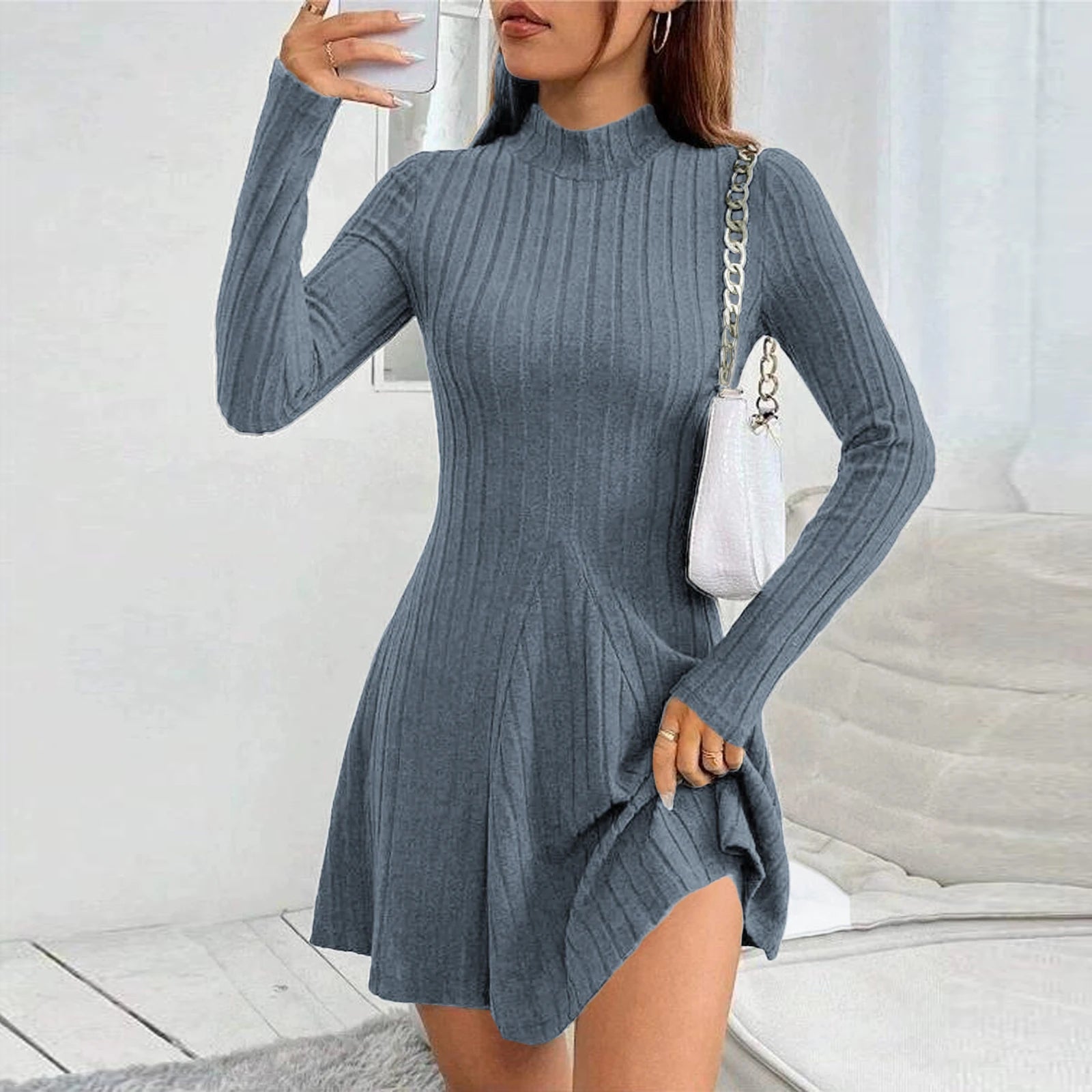 Women's Dresses Fall Winter Simple Solid Color Long Sleeve Mock Neck A Line High Waisted Flare Hem Casual Short Dresses 2025