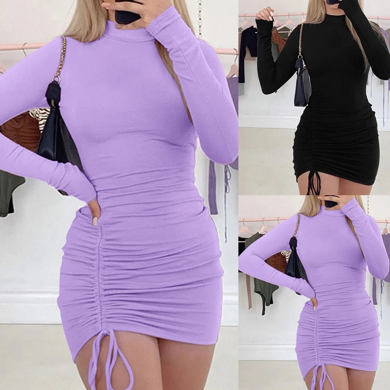 Female Dresses Outfits Women'S Dress Long Sleeve Solid Color Drawstring O-Neck Tight-Fitting Vestidos De Fiesta Elegantes 2025
