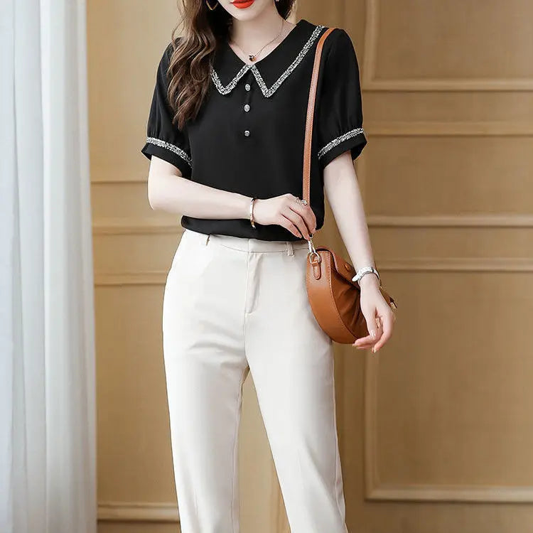 Top for Woman Office Outfits Clothing Black Women's Shirts and Blouses Chiffon Wear To Work Formal Collar Short Sleeve New 2025