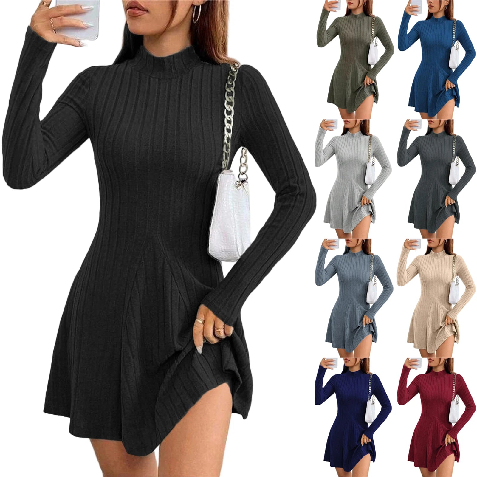 Women's Dresses Fall Winter Simple Solid Color Long Sleeve Mock Neck A Line High Waisted Flare Hem Casual Short Dresses 2025
