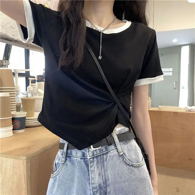 Women's Tops Trendy French Niche Girls T-shirts Chic Irregular Splicing Contrasting Colors Korean Style Modification Ins Style