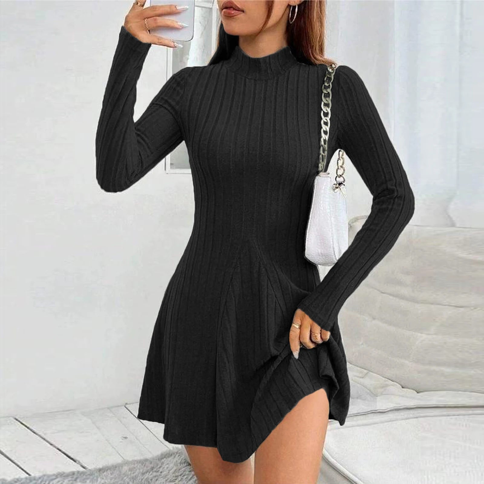 Women's Dresses Fall Winter Simple Solid Color Long Sleeve Mock Neck A Line High Waisted Flare Hem Casual Short Dresses 2025