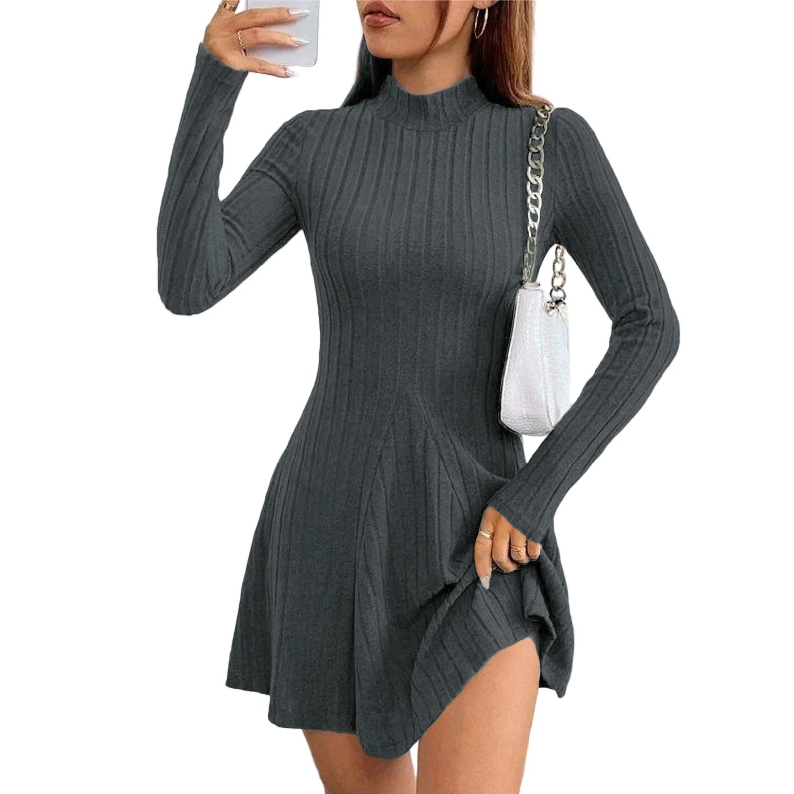 Women's Dresses Fall Winter Simple Solid Color Long Sleeve Mock Neck A Line High Waisted Flare Hem Casual Short Dresses 2025