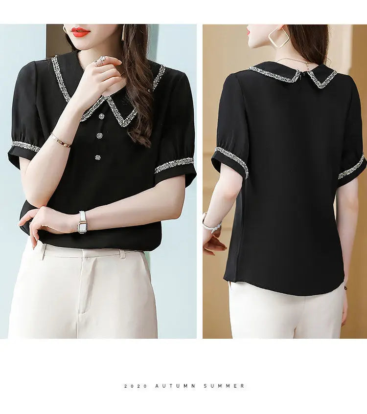 Top for Woman Office Outfits Clothing Black Women's Shirts and Blouses Chiffon Wear To Work Formal Collar Short Sleeve New 2025