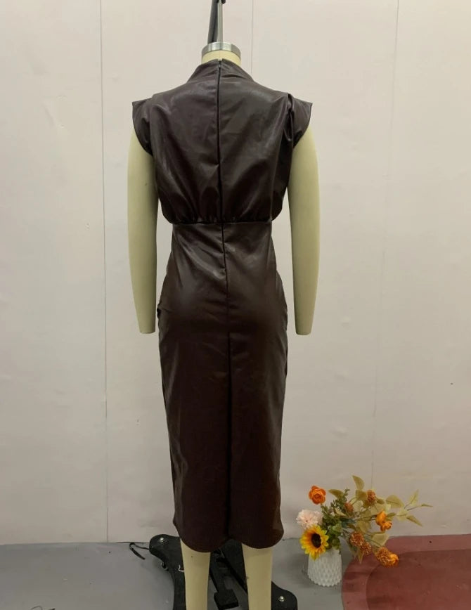 Women's Dress Elegant Party Night Clothing Contrast Lace Sleeveless Pu Leather Bodycon Dress Skinny Formal Occasion Sexy Dresses