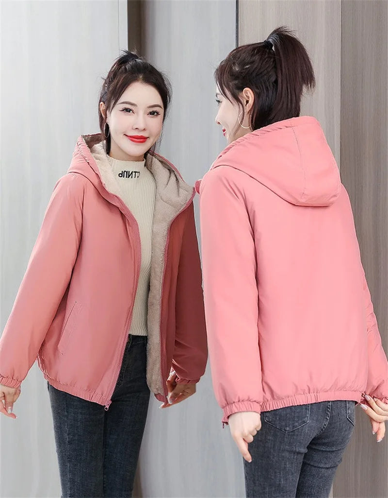 Add Velvet Padded Coat Women 2025 Winter Hooded Outerwear Ladies Warm Cotton-Padded Jacket New Fashion Overcoat Short Female Top