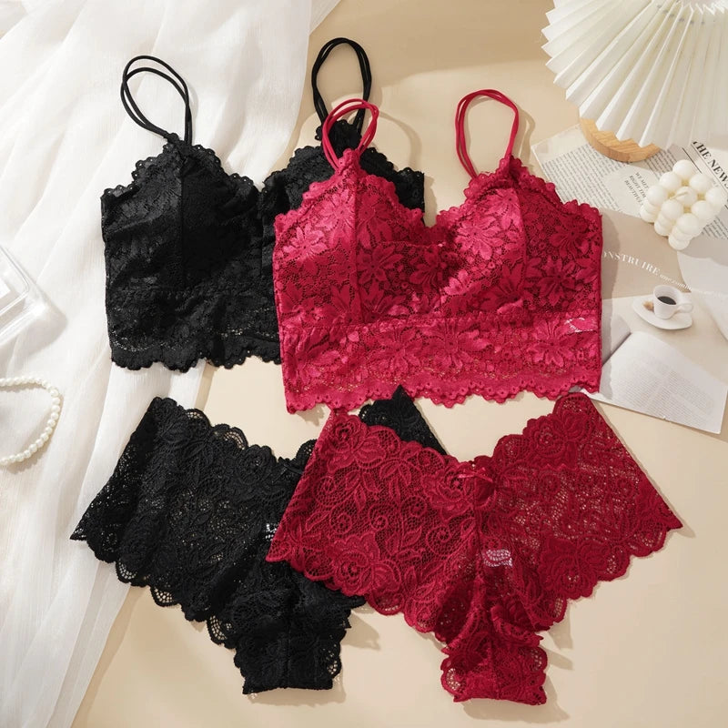 Women's Sexy Lace Bra Suit Solid Set Beautiful Back Hollow Out No Steel Ring Underwear With Lace Flower Breathable Panties