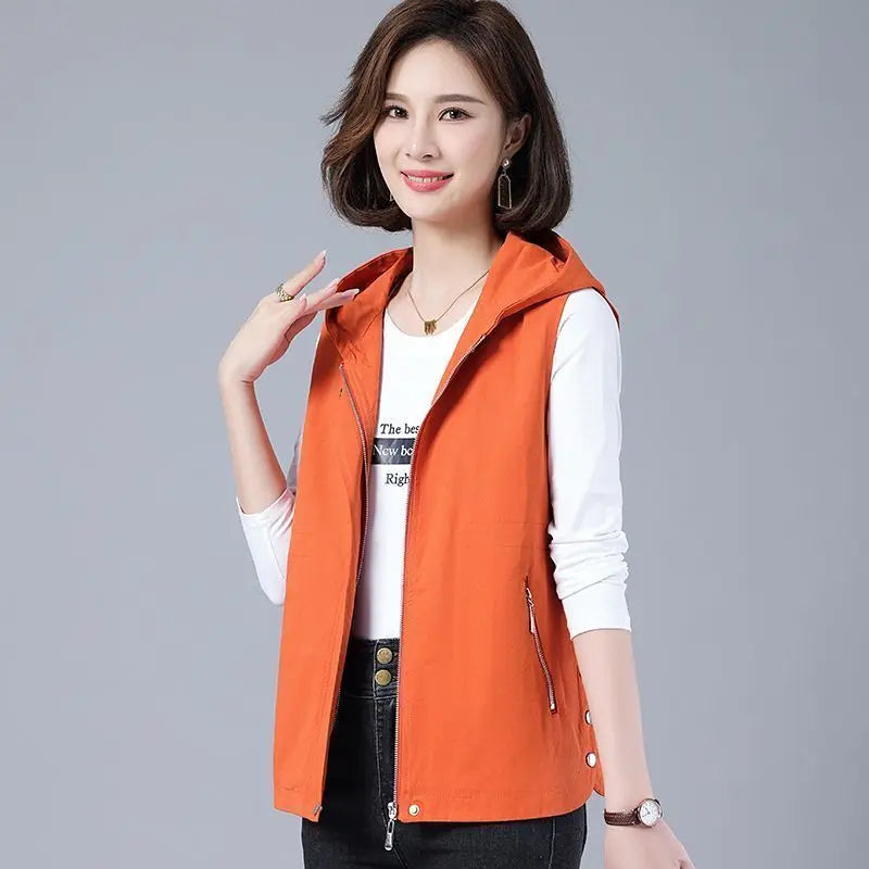 Vest Jacket Women Long Waistcoat Outerwear 2025 New Spring Autumn Middle Aged Loose Sleeveless Hooded Casual Khaki Black Tops