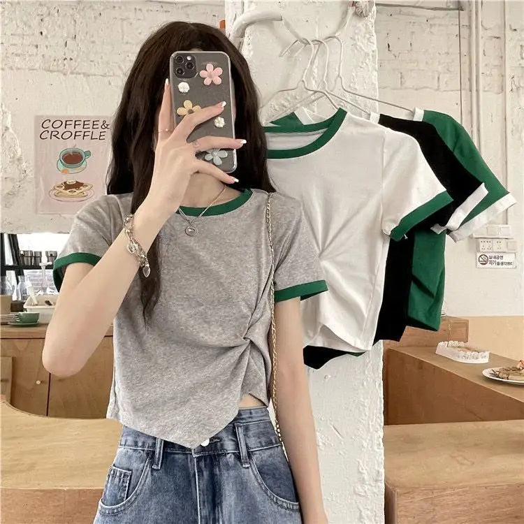 Women's Tops Trendy French Niche Girls T-shirts Chic Irregular Splicing Contrasting Colors Korean Style Modification Ins Style