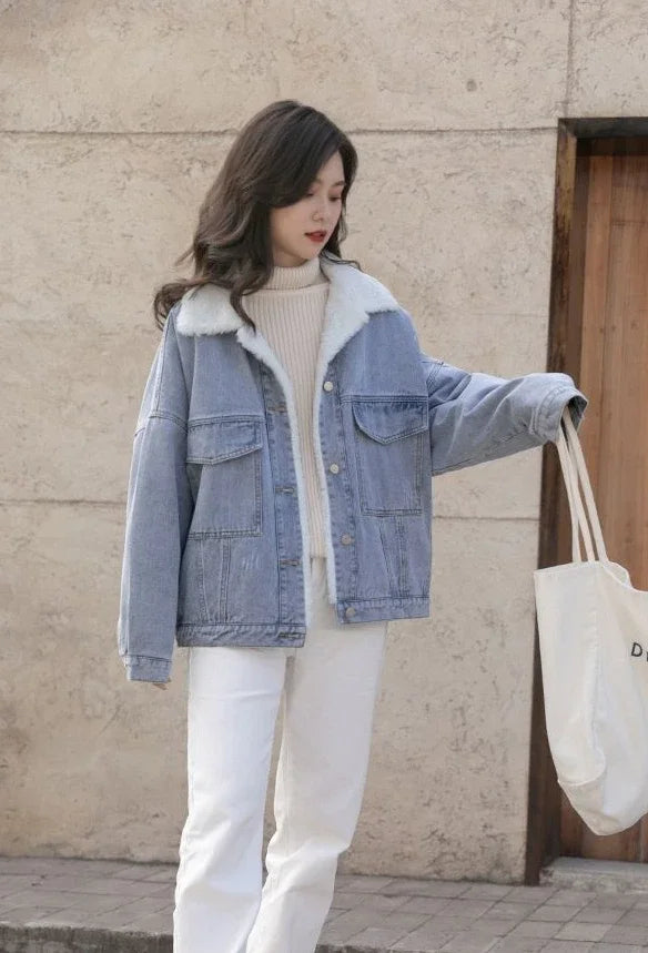 Outerwear Wool Inside Plain Warm Blue Denim Jacket for Women with Fur Plush Woman Jean Coat Winter 2025 Cold Padded Korean Outer