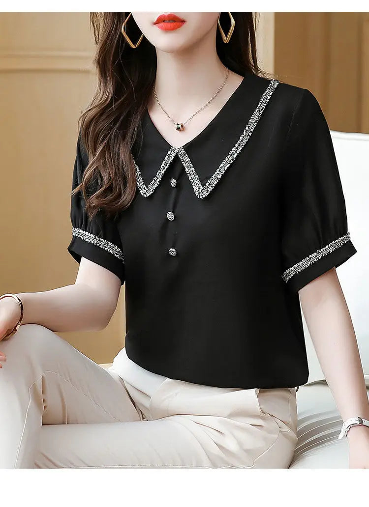 Top for Woman Office Outfits Clothing Black Women's Shirts and Blouses Chiffon Wear To Work Formal Collar Short Sleeve New 2025