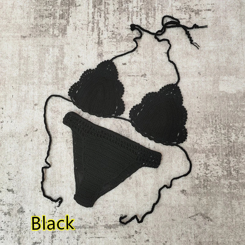 3 Piece Hand Crochet Beach Bikini Set Women Swimwear Cover UP Mini Skirt Swimsuit Suit