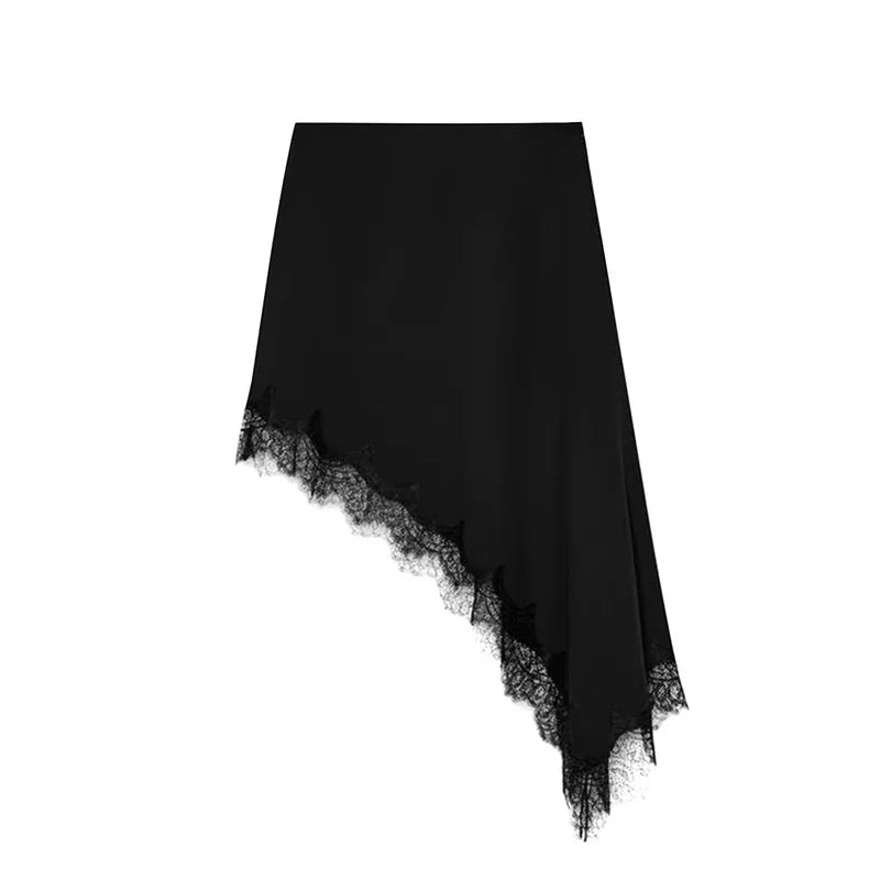 Women’s Skirt 2025 Autumn New Arrival Solid Color Satin Texture Asymmetric Hem Lace Trim Skirt Elegant and Fashionable