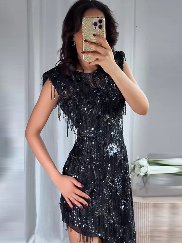 Women's Dresses Female Clothing Evening Dress Sleeveless Sequin Dress Sexy Mini Dresses Fringe Hem Gown Trendy Party Clothes