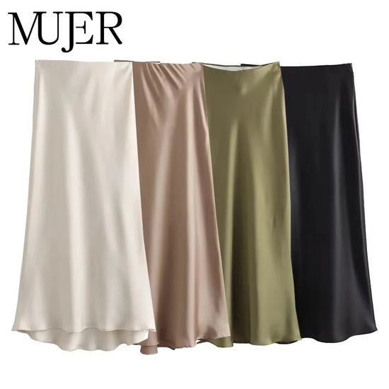 MUJER Woman 2025 Satin Skirt Women High Waist Long Skirts For Women Summer Black Midi Skirt Woman Office Elegant Women&