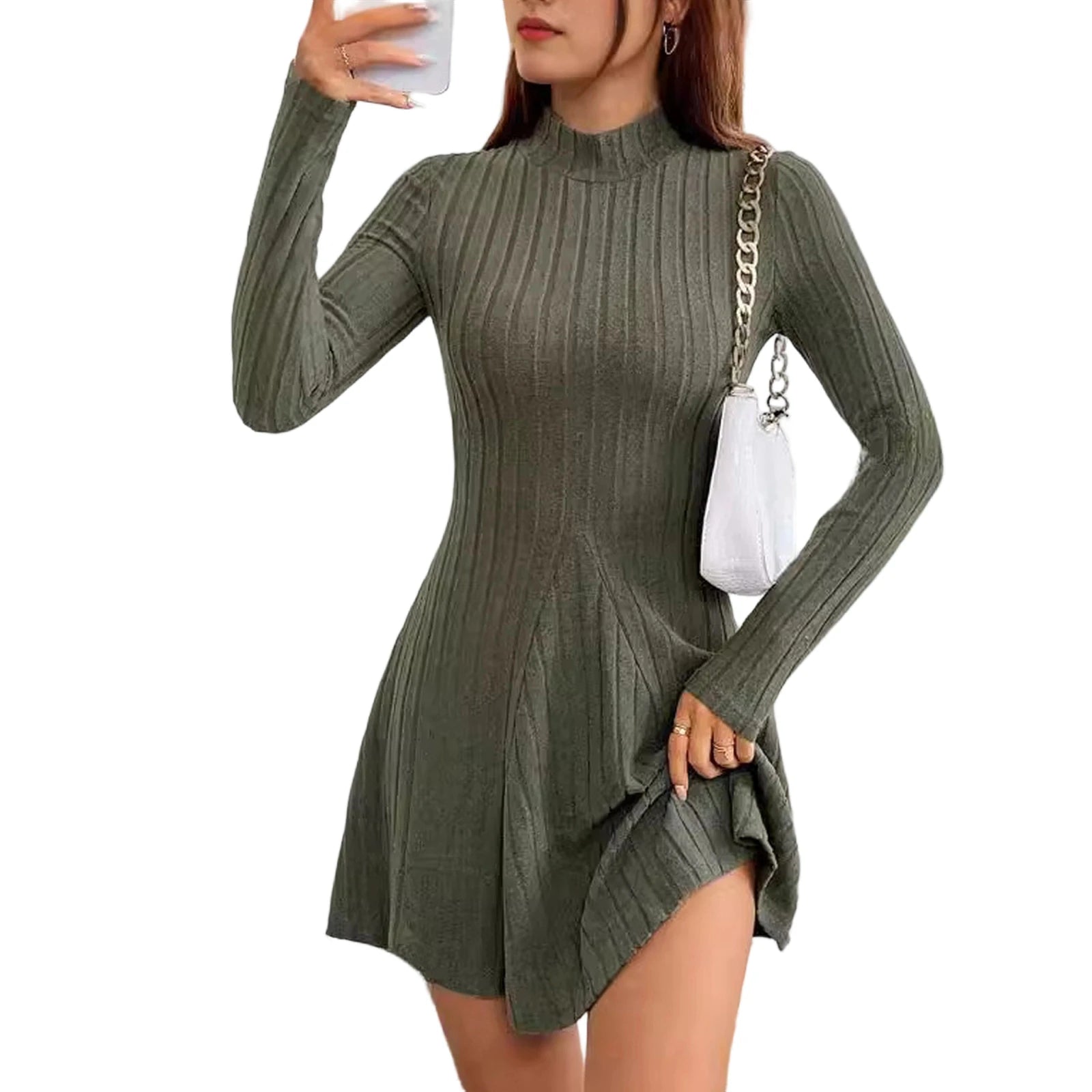 Women's Dresses Fall Winter Simple Solid Color Long Sleeve Mock Neck A Line High Waisted Flare Hem Casual Short Dresses 2025