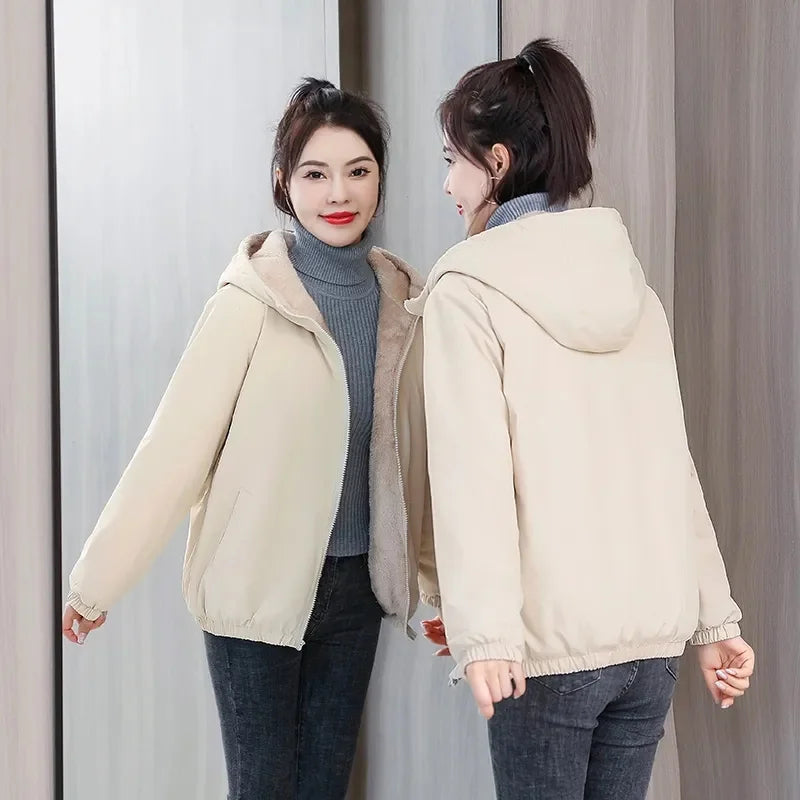 Add Velvet Padded Coat Women 2025 Winter Hooded Outerwear Ladies Warm Cotton-Padded Jacket New Fashion Overcoat Short Female Top